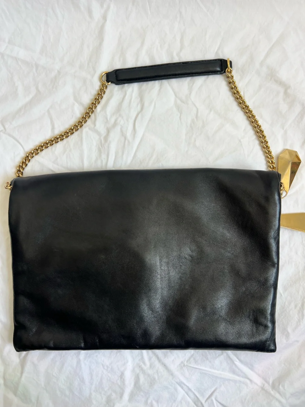 Henri Bendel Black Leather Envelope Shoulder Bag Clutch Gold Chain